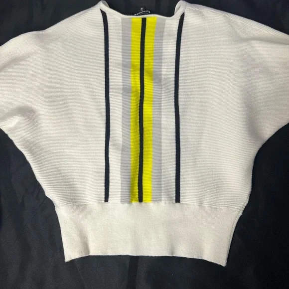 EXPRESS White V-Neck Bat Sleeve Sweater with HighLighter Yellow and Grey Stripe - Picture 4 of 4